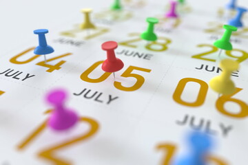 July 5 date and push pin on a calendar, 3D rendering