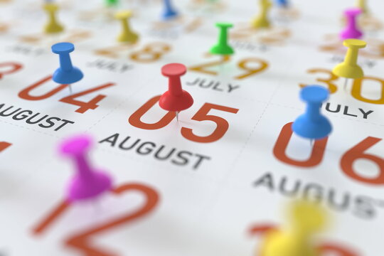 August 5 date and push pin on a calendar, 3D rendering