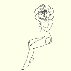 Naked woman Line art. Self love concept. Woman hugging herself line drawing. Woman hugging herself in continuous line drawing, Love your body concept