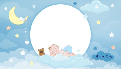 Baby shower card,Cute little boy sleeping on crescent moon, milk bottle and teddy bear on Blue Sky and Clouds layers background,Vector Paper cut cloudscape backdrop with copy space for baby's photos