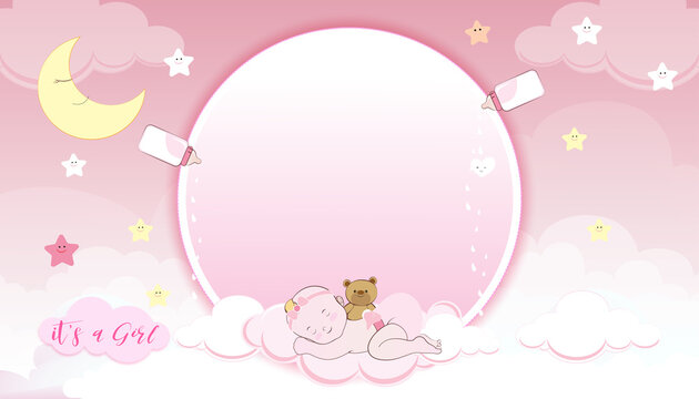 Baby shower card,Cute little girl sleeping on crescent moon, milk bottle and teddy bear on pink Sky and Clouds layers background,Vector Paper cut cloudscape backdrop with copy space for baby's photos