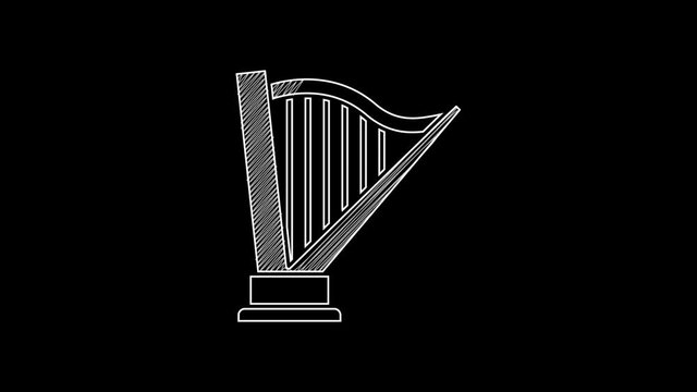 White line Harp icon isolated on black background. Classical music instrument, orhestra string acoustic element. 4K Video motion graphic animation