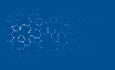 Background for a chemistry presentation. Formulas for organic chemistry. Abstract vector illustration of organic chemistry formulas on blue with space for text.