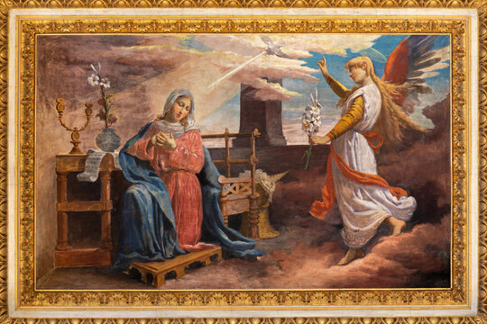 ROME, ITALY - AUGUST 31, 2021: The ceiling fresco of Annunciation in the church Chiesa del Sacro Cuore di Gesù by Virginio Monti (1852 - 1942).