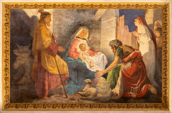 ROME, ITALY - AUGUST 31, 2021: The ceiling fresco of Adoration of shepherds in the church Chiesa del Sacro Cuore di Gesù by Virginio Monti (1852 - 1942).