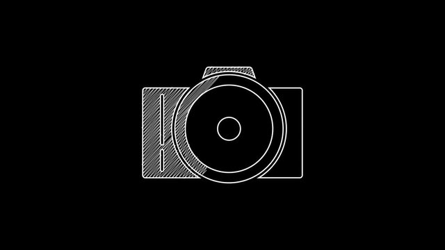 White line Photo camera icon isolated on black background. Foto camera icon. 4K Video motion graphic animation