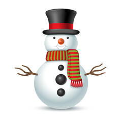 Christmas snowman with top hat and striped red scarf isolated on white background. Vector illustration