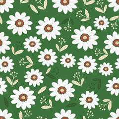 Wild chamomile flowers. Seamless summer pattern with flowers on a green background. For printing on modern fabrics, wrapping paper, interior design. 