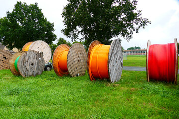 Obraz premium Fiber optic cable roll for digital broadband internet communication.