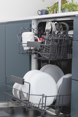 Open dishwasher with clean dishes in white kitchen