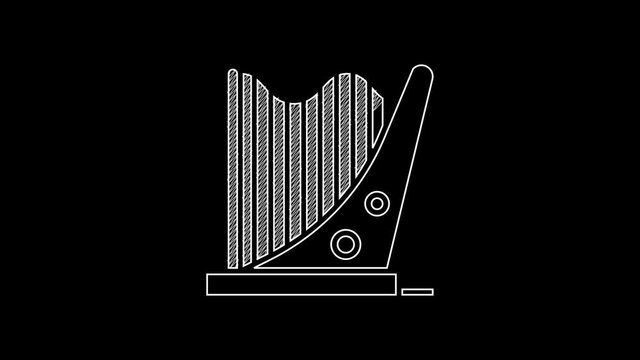White line Harp icon isolated on black background. Classical music instrument, orhestra string acoustic element. 4K Video motion graphic animation