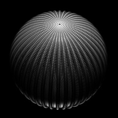 3d render of black and white monochrome abstract art with surreal 3d big ball or sphere based on small transparent plastic balls particles in fractal circular structure on isolated black background