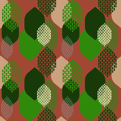 Green abstract leaves on a brown background. Seamless modern pattern for textiles and paper products. Vector.