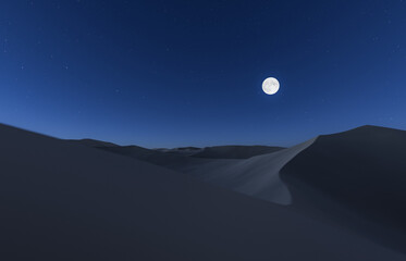 Naklejka na ściany i meble desert landscape of dunes with full moon illuminating the sand and starry sky. 3d rendering