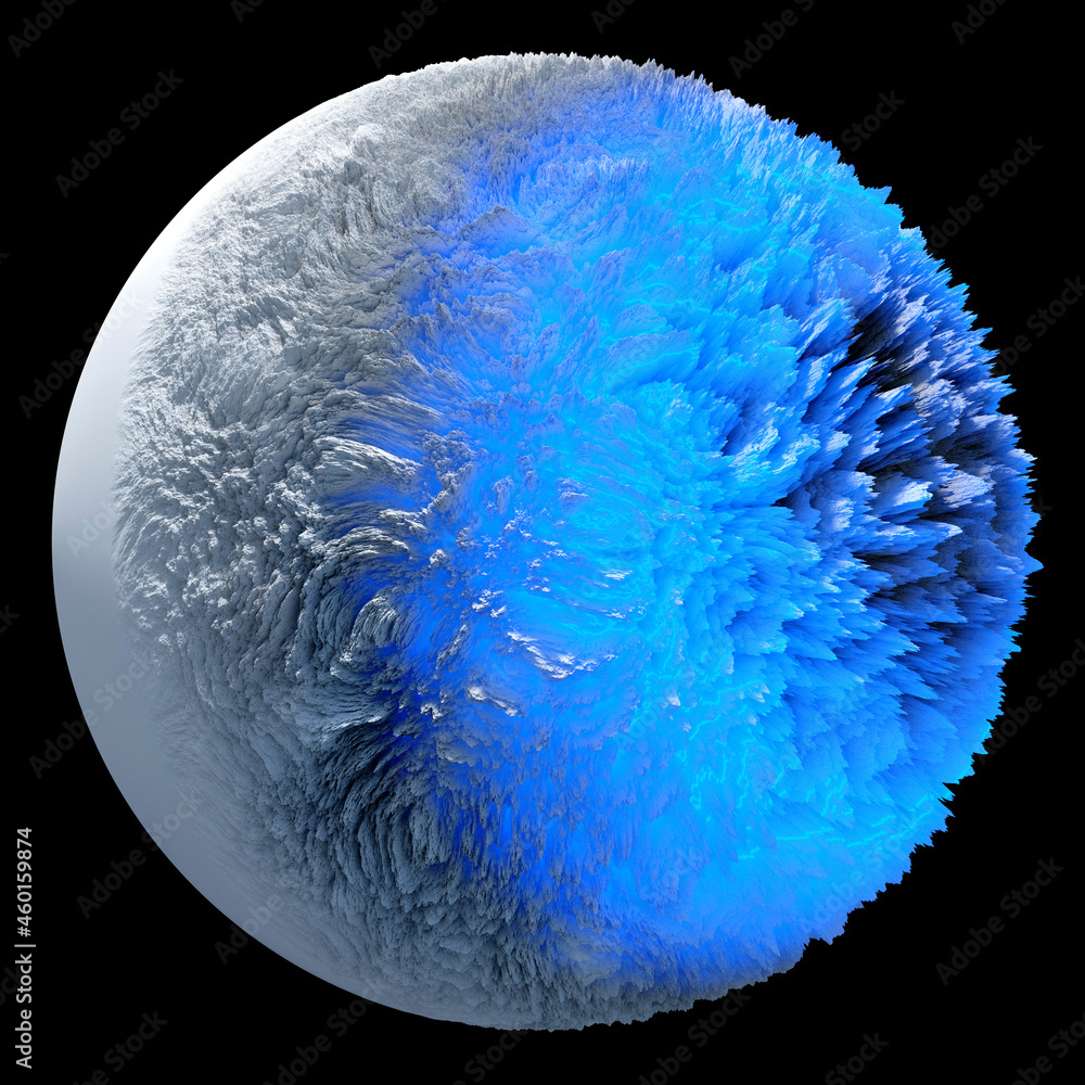 Wall mural 3d render of abstract art 3d snow ball sphere or planet in deformation process with blue neon glowin