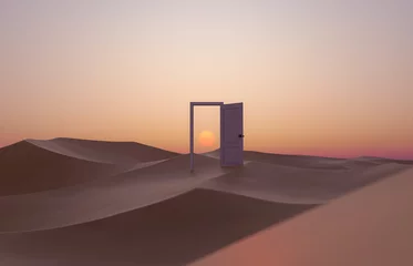 Fotobehang open deur in het midden van de woestijn met zonsondergang erachter. minimalistisch concept. 3D-rendering © TheCatEmpire Studio
