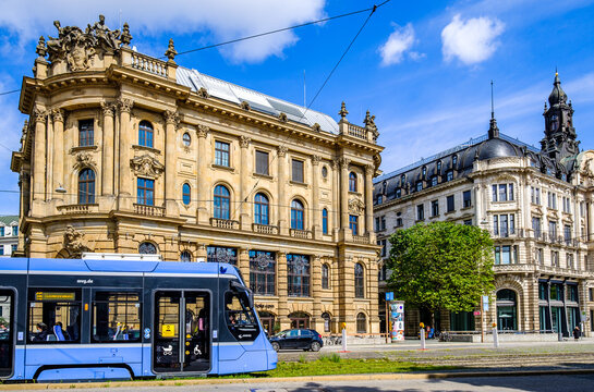 Munich, Germany - August 17: historic buildings at the Lenbachplatz in Munich on August 17, 2021