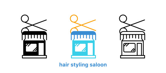 Hair shop icon set. Hairdresser and shop icon. Scissors and comb set. Editable row set. Silhouette, colored, linear icon set. Logo-web, icon design element.