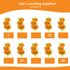 Halloween counting game for children. Counting in 3s. Cute Halloween item worksheet. Preschool Math worksheet. Educational printable math worksheet. Vector illustration in cartoon style.