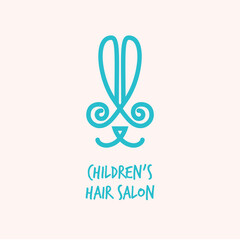 Simple minimalistic logo sign for children's hair salon. Scissors in the shape of a hare