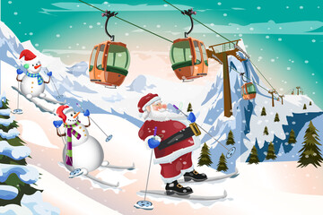 Santa Claus and Snowman Skiing with Gondola tram Winter  time background vector design 