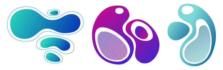 Set of 3 abstract liquid shapes elements. Dynamic gradient graphic elements. Banners with flowing liquid shapes, amoeba, dynamical forms. Template for poster, logo, cover design.