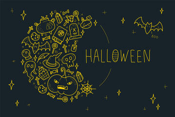 Doodle illustration for Halloween. Yellow lines on a black background. The inscription is halloween and boo. Pumpkin, bat, candy, skull, magic items, candle.