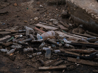  Plastic rubbish pollution in caspian sea. Plastic water bottles and bags thrown directly into the sea.