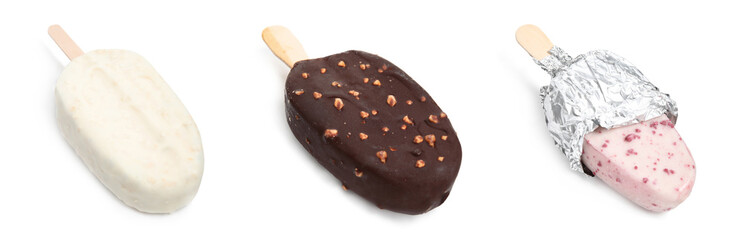 Set with different delicious glazed ice creams on white background. Banner design