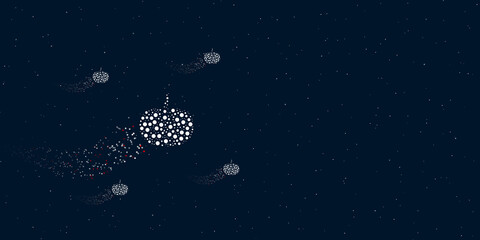 Fototapeta na wymiar A pumpkin symbol filled with dots flies through the stars leaving a trail behind. Four small symbols around. Empty space for text on the right. Vector illustration on dark blue background with stars