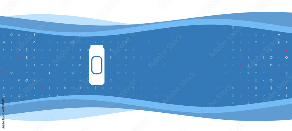 Poster blue wavy banner with a white beer can symbol on the left. on the background there are small white s