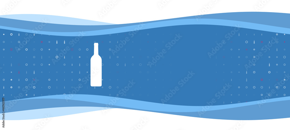 Poster blue wavy banner with a white beer bottle symbol on the left. on the background there are small whit