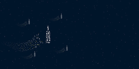 A beer bottle symbol filled with dots flies through the stars leaving a trail behind. There are four small symbols around. Vector illustration on dark blue background with stars