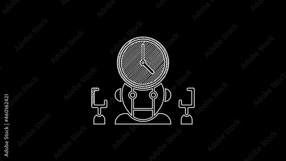 Poster white line robot and digital time manager icon isolated on black background. time management assista