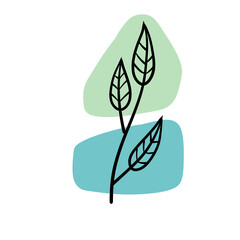 Plant on background of colored spots. Black botanical branch and blue and green geometric abstract pattern in a minimalist style. Line Doodle object