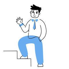 Man stands on stairs. Career concept. First step. Smiling Business character. Gesture of approval and greeting. Ground floor and level. Outline modern illustration