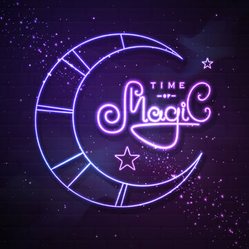 Modern magic witchcraft neon typography sign Time of Magic on abstract background. Vector illustration