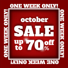 October sale banner. Red background, vector illustration.