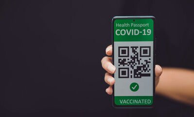 Vaccinated person or hand holding mobile phone with digital health passport for travel during...