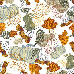 Seamless vector pattern of decorative autumn botanicals pumpkins and leaves in pastel orange and green tones