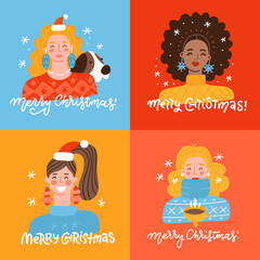 Christmas and New Year's Template Set for Greeting Carsd, Scrapbooking,Invitations, Tags, Stickers, Postcards. Christmas female Posters set. Festive women with holiday decor. Vector flat illustration.