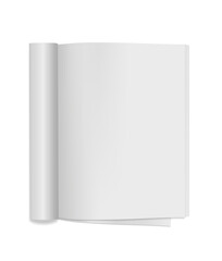 Vector realistic blank open magazine with rolled page and soft cover. Mockup of Magazine, catalog or brochure on white background. Vertical empty pages. EPS10.