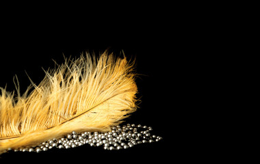 Yellow ostrich feathers on dark background with silver beads. Mardi Gras concept. Festive...