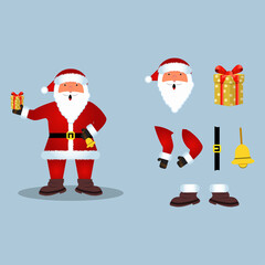 Christmas Santa Claus vector design on a rusty light blue background. Santa Claus elements design with a Christmas gift and ring bell. A Santa Clause vector illustration for the Christmas event.