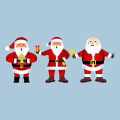 Christmas set of Santa Claus vector design on a rusty light blue background. Santa Claus elements design collection with bell, envelope, and gift. Santa Claus ringing Christmas bell and giving gifts.