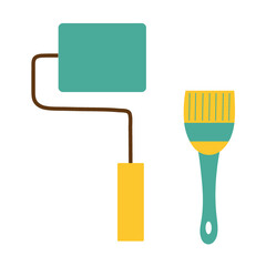 A set of a roller and a brush for painting in construction or repair. Isolated white background. Construction tools as a design element or logo.