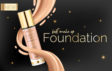 Foundation makeup, advertising design template for catalog with concealer, BB cream packaging tube mock up with liquid foundation in the background vector illustration.