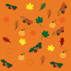 Multi-colored leaves of different trees (oak, chestnut, maple) on an orange background; chestnuts with leaves. Autumn pattern.