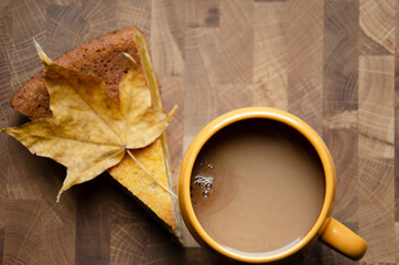 Concept homemade fall baking with pumpkin and food ingredients. Cup of coffee with pumpkin pie. Autumn mood with copy space. Step by step instructions. Step 9.
