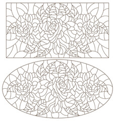 Set of contour illustrations in stained glass style with abstract rose flowers, dark outlines on a white background